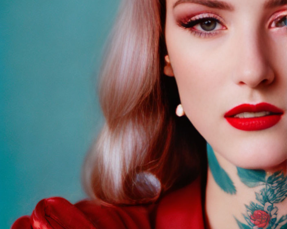 Woman with red lip, tattooed neck, dual-toned hair in red outfit against teal backdrop