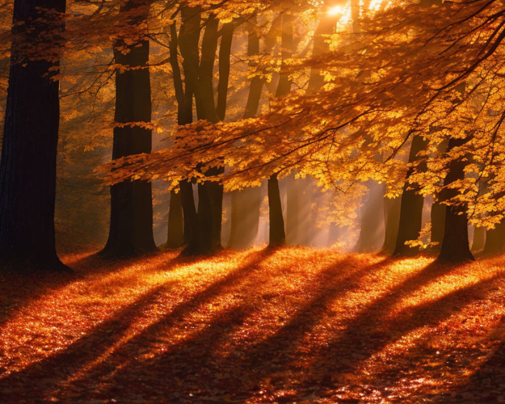 Golden autumn forest with sunbeams and long shadows