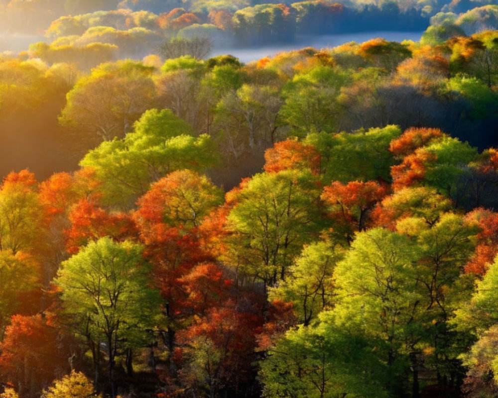 Autumn forest scene with green and orange leaves in soft sunlight