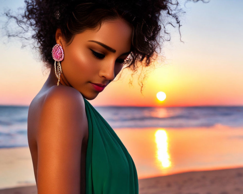 Curly-Haired Woman with Large Earrings at Sunset Beach