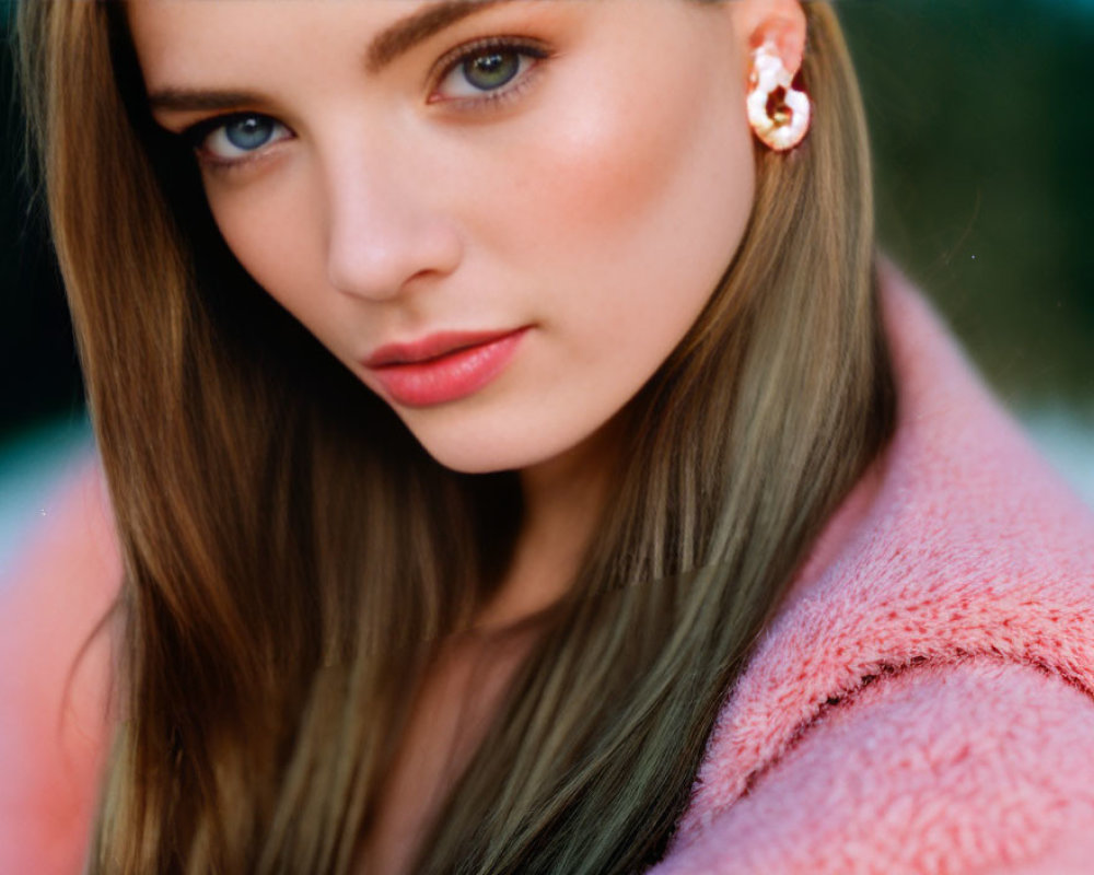 Close-Up of Woman in Pink Textured Garment with Smooth Skin and Golden Earring