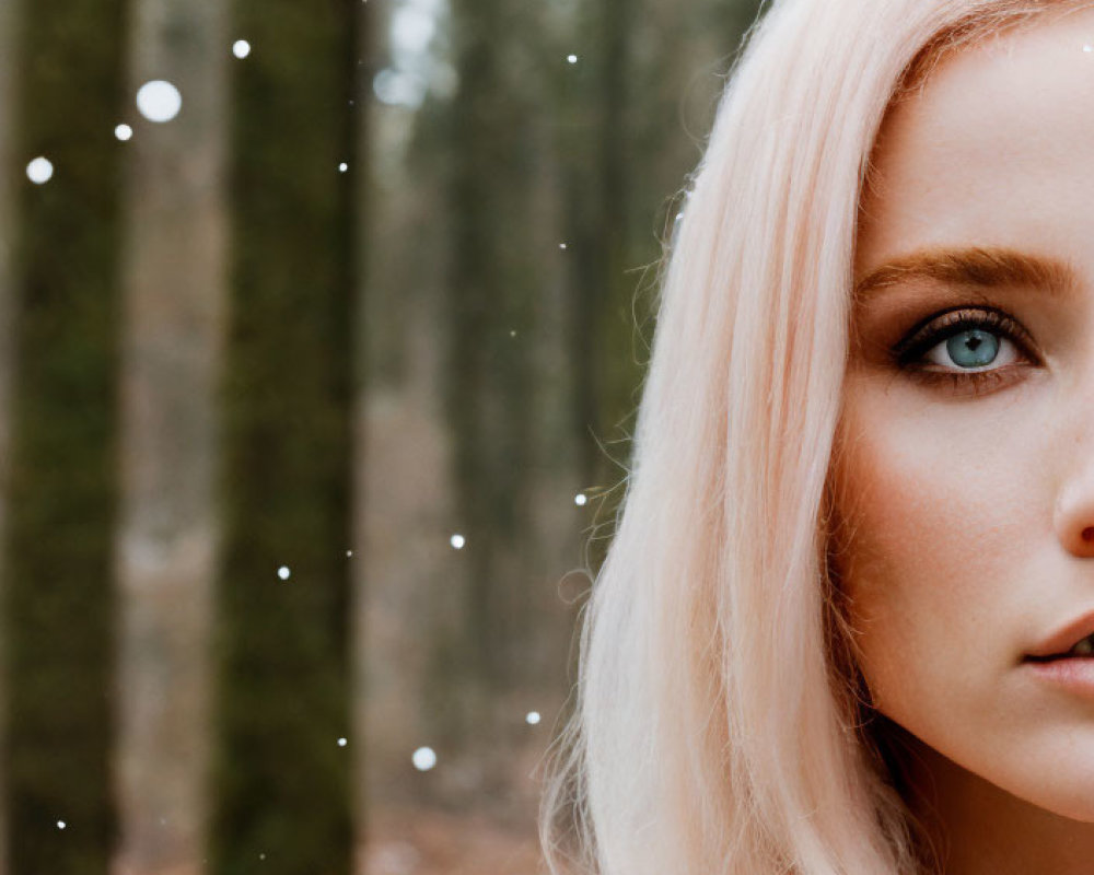 Blonde Woman with Blue Eyes in Snowy Forest