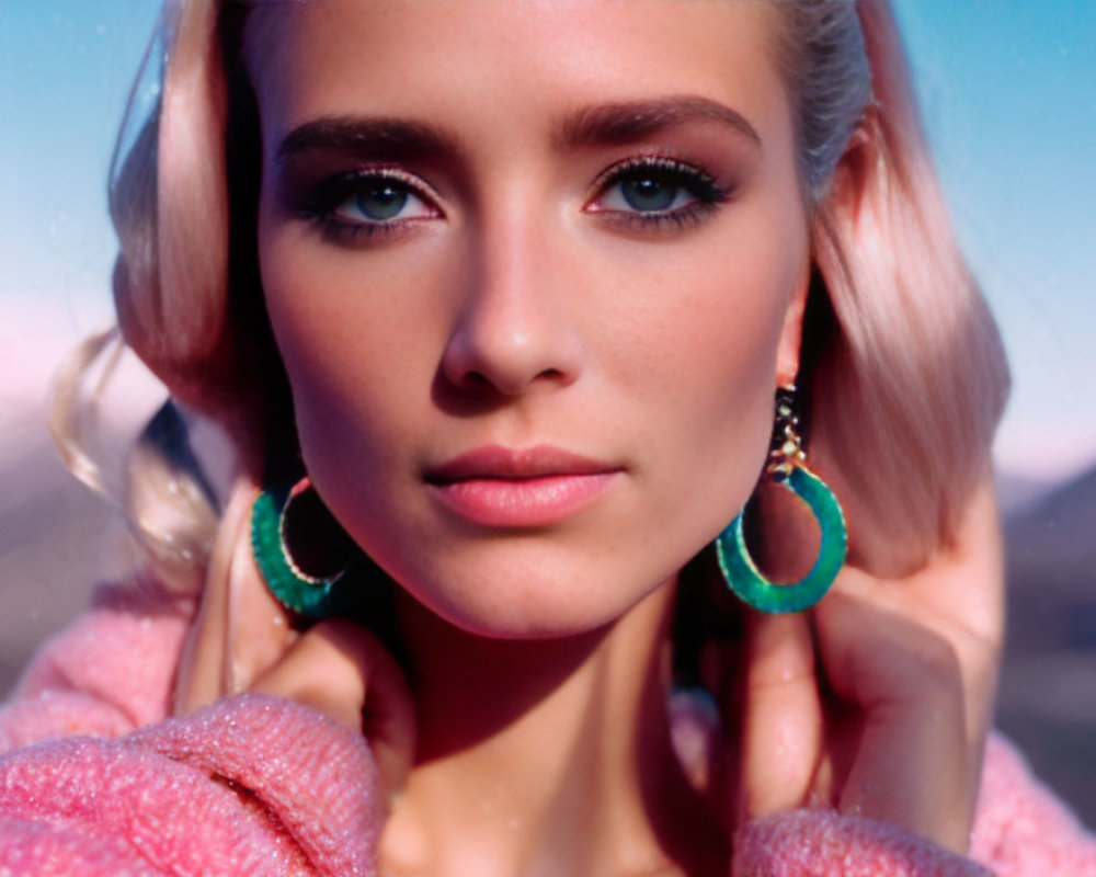 Close-Up Portrait of Woman with Striking Blue Eyes and Blonde Hair in Green Hoop Earrings and