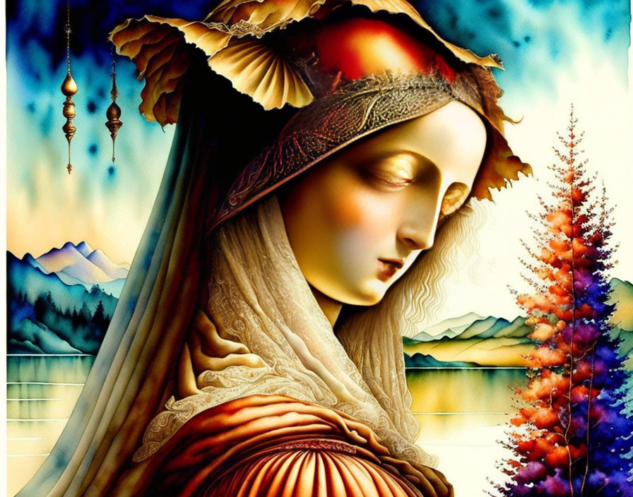 Serene woman with headdress in nature backdrop.