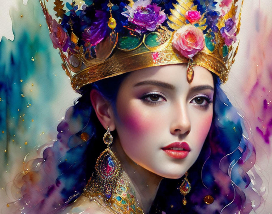 Regal woman with ornate crown in colorful mist backdrop