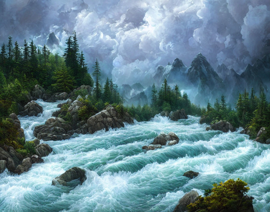 Majestic mountain landscape with turbulent river and pine forest