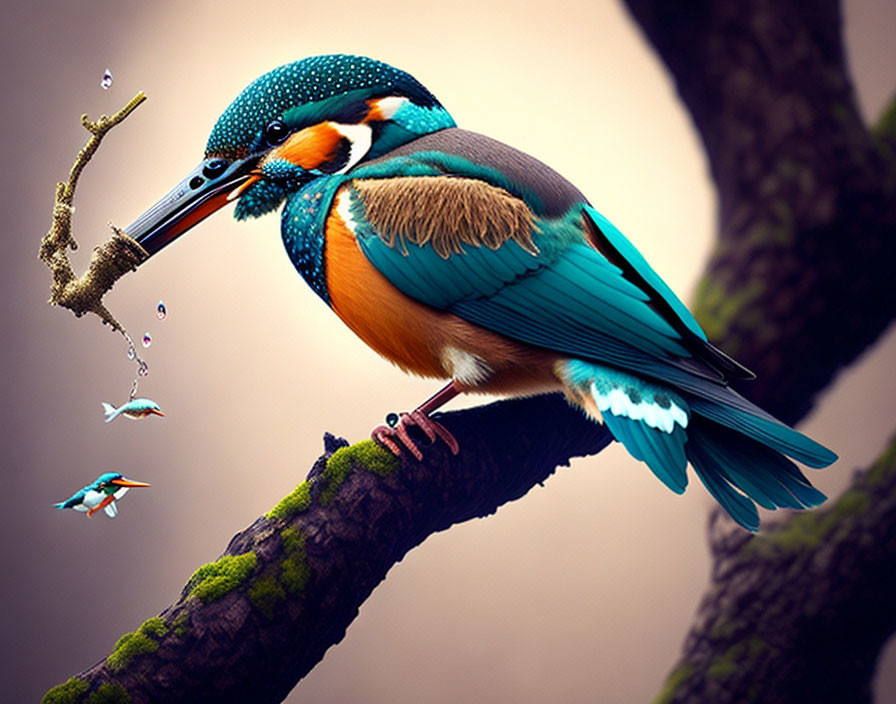 Vibrant kingfisher bird with miniature flying version on branch.