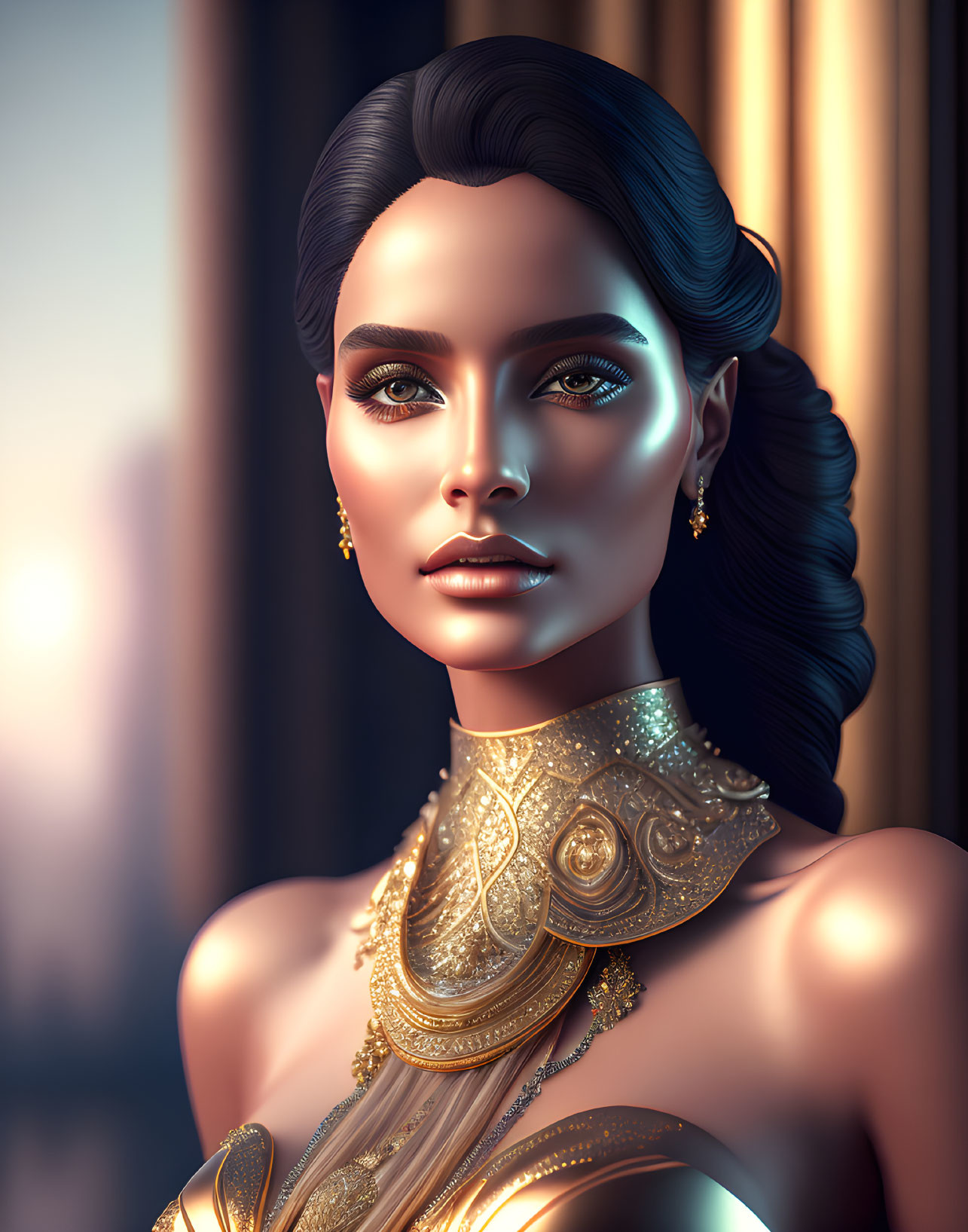 Digital Portrait of Woman with Sleek Hair & Golden Jewelry