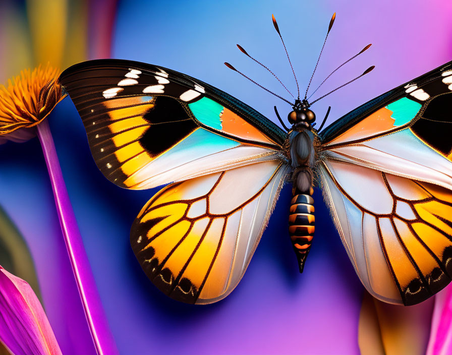 Colorful Butterfly on Pink Flower with Blurred Background