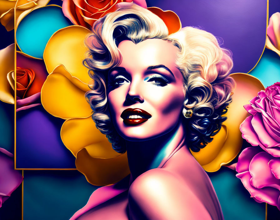 Colorful digital portrait with Marilyn Monroe-like figure and stylized roses on purple backdrop