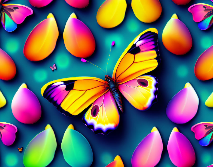 Colorful Yellow and Purple Butterfly with Teardrop-Shaped Droplets Background