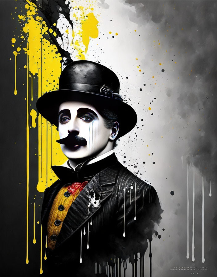 Classic Film Character with Black Hat and Mustache on Yellow and Black Background