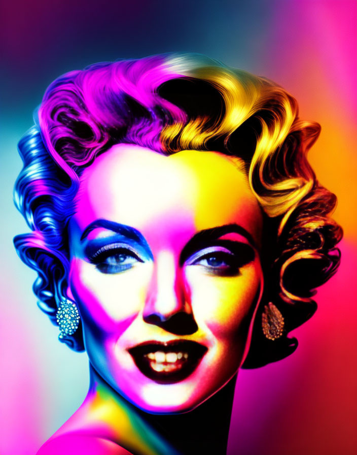 Vibrant neon-hued portrait of woman with classic hairstyle