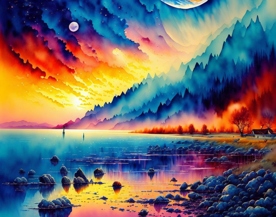 Colorful Landscape Painting: Sunset Over Mountain Lake