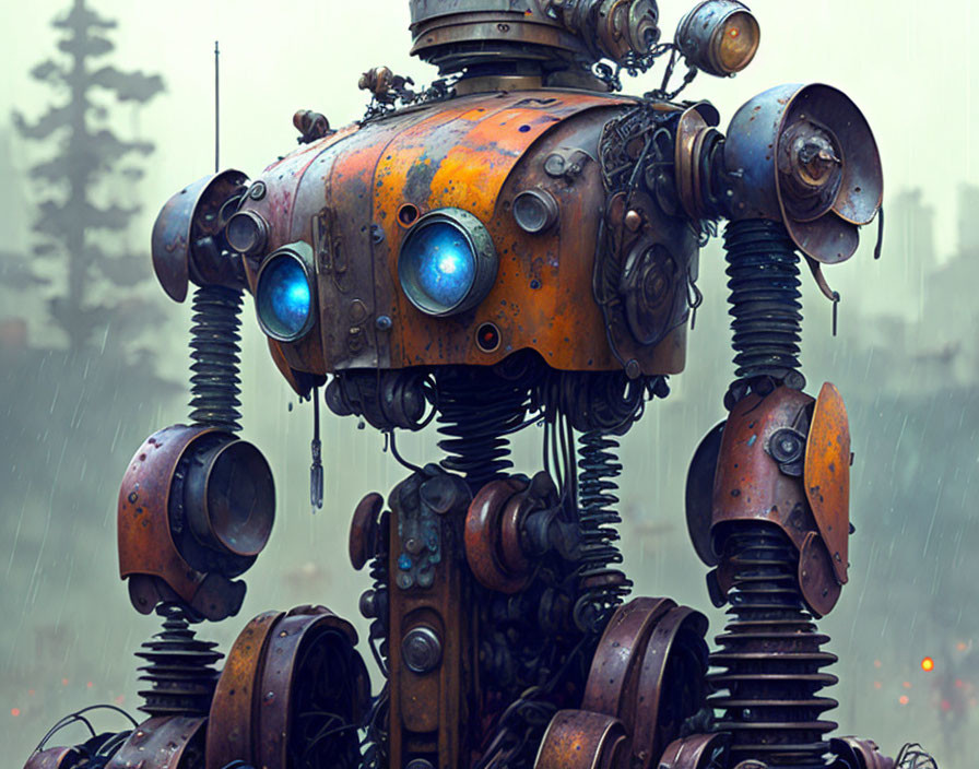 Weathered Robot with Rusty Plates and Glowing Blue Eyes in Rainy Setting