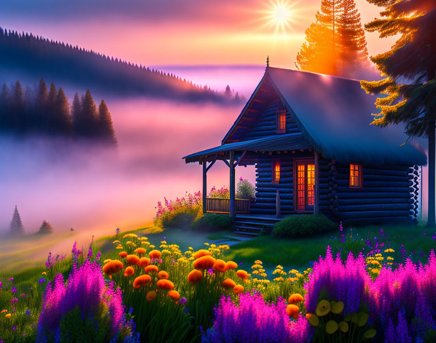 Scenic wooden cabin in sunrise glow with misty forest landscape