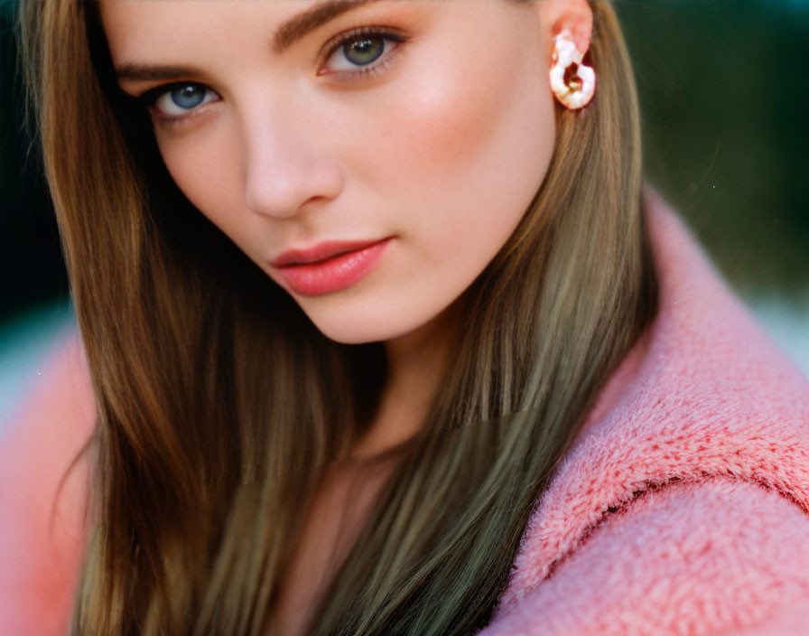 Close-Up of Woman in Pink Textured Garment with Smooth Skin and Golden Earring