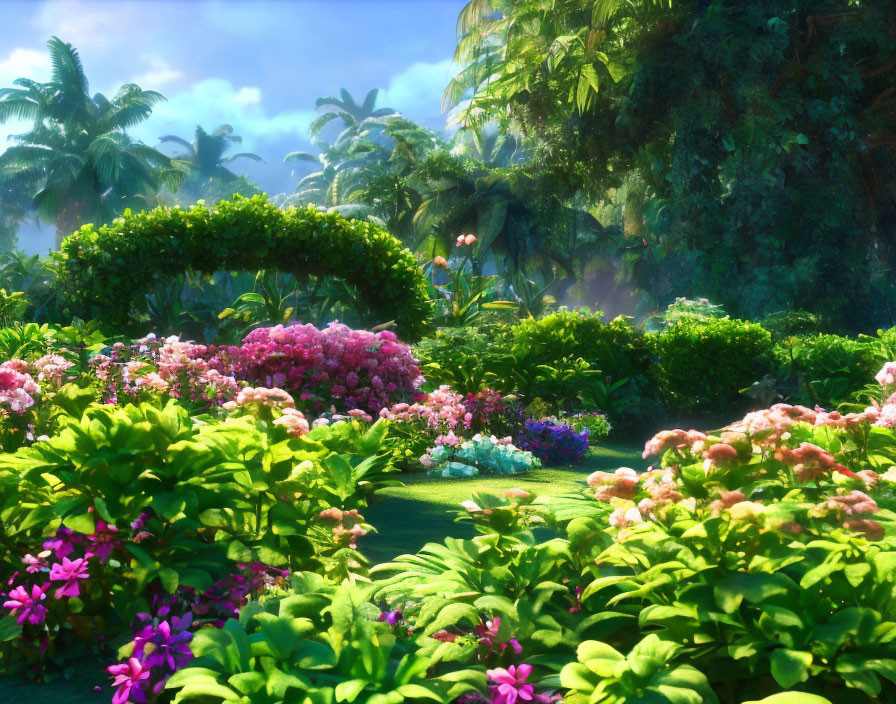 Vibrant hydrangeas and tropical foliage in lush garden sunlight