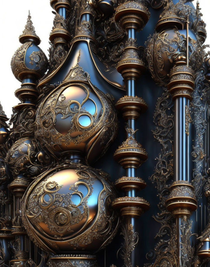 Detailed Metallic Fractal Art with Baroque Designs and Spheres