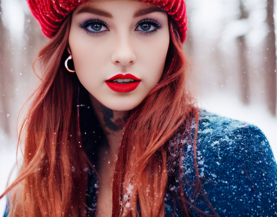 Red-haired woman in blue jacket with snowflakes in snowy setting