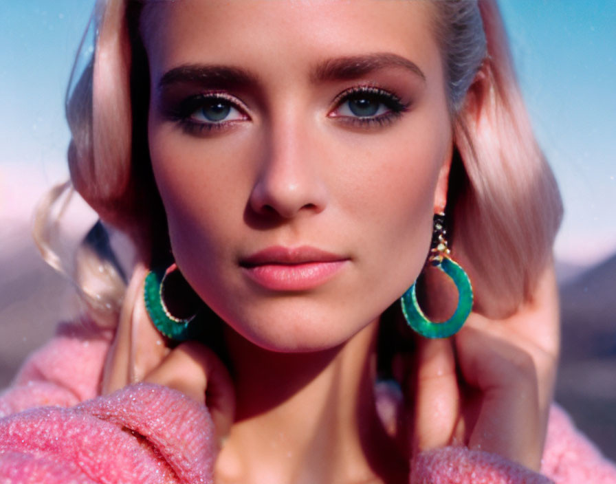 Close-Up Portrait of Woman with Striking Blue Eyes and Blonde Hair in Green Hoop Earrings and