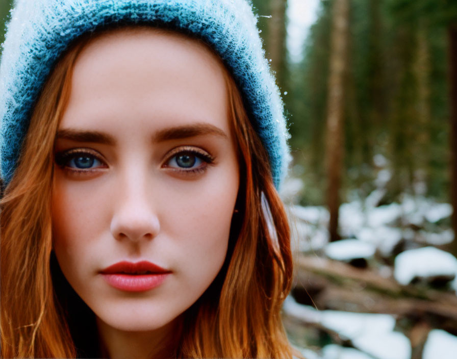 Blue-eyed woman in snowy forest with blue beanie gazes at camera