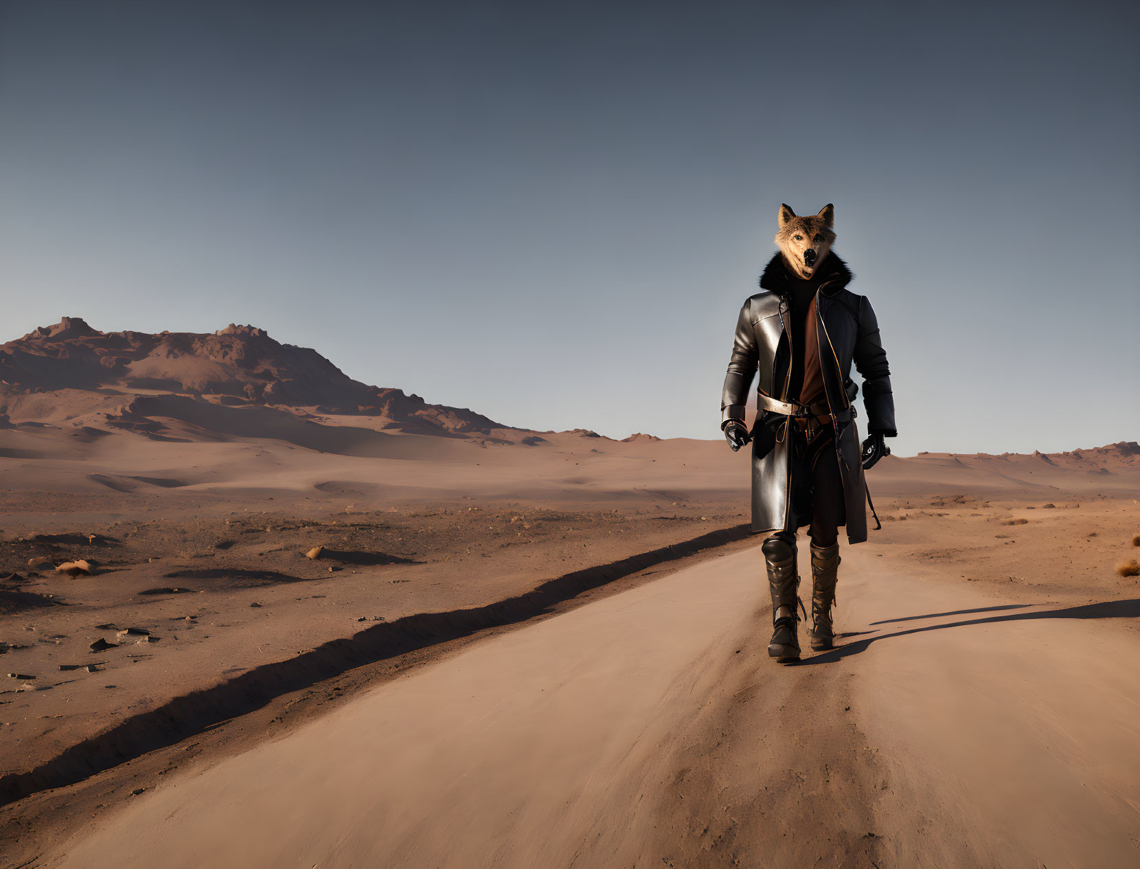 Futuristic outfit with fox head mask on desert road