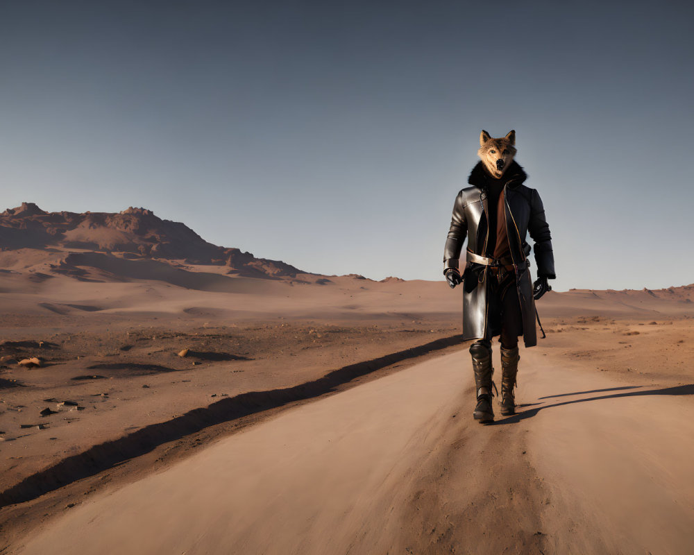 Futuristic outfit with fox head mask on desert road