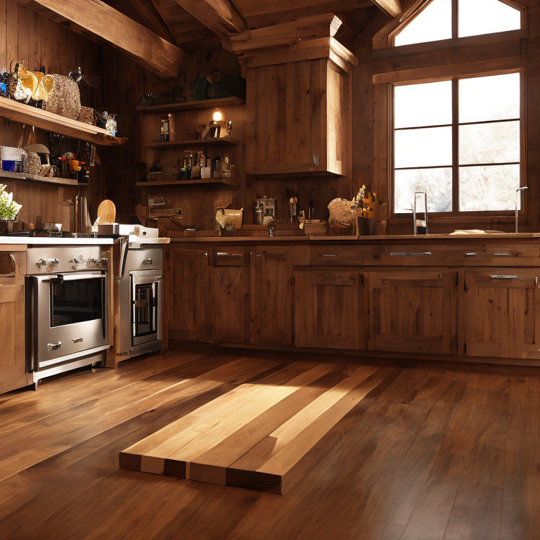 Rustic kitchen with wooden cabinetry, stainless steel appliances, and large window