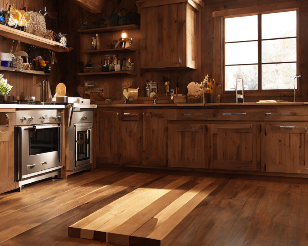 Rustic kitchen with wooden cabinetry, stainless steel appliances, and large window