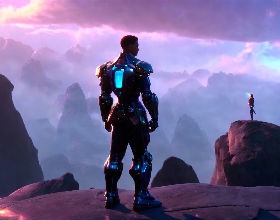 Futuristic armored figure on rocky terrain gazes at distant silhouette in purple clouded sky