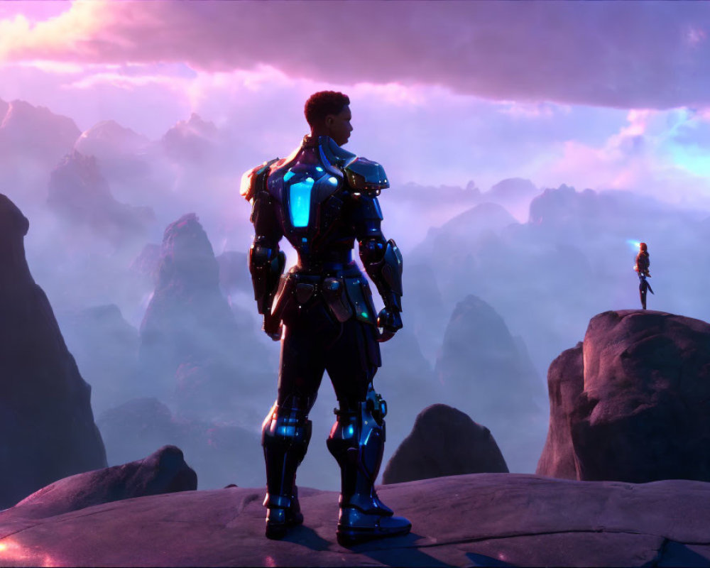 Futuristic armored figure on rocky terrain gazes at distant silhouette in purple clouded sky