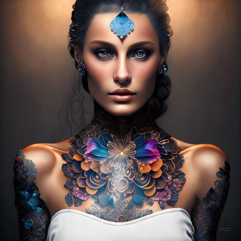 Digital artwork: Woman with ornate tattoos, butterfly motif, gem forehead jewelry, blue eyes