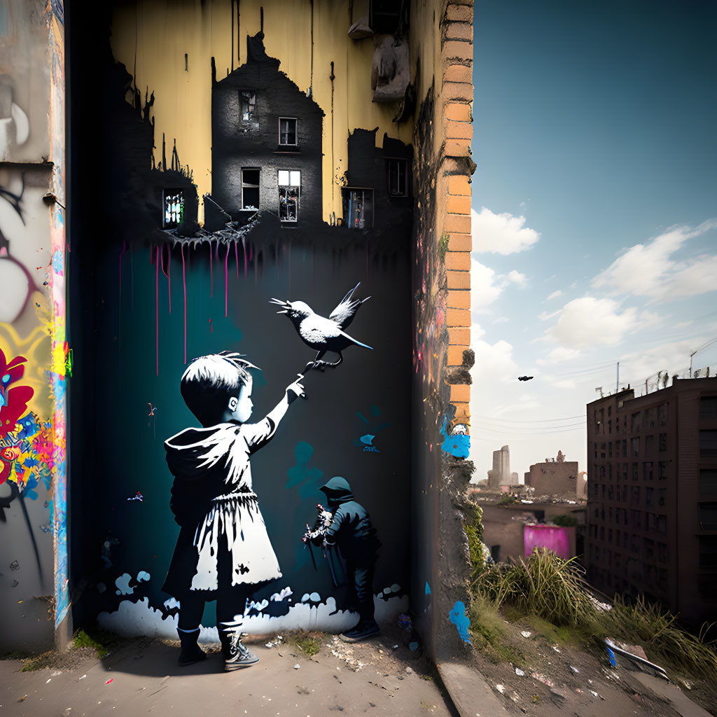 Colorful graffiti mural featuring child with bird against cityscape.