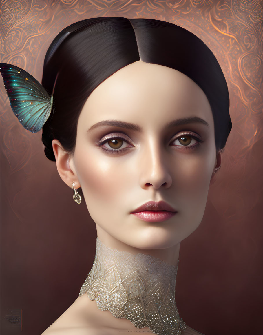 Digital portrait of woman with dark hair and butterfly on shoulder.