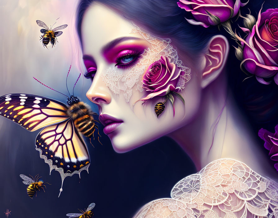 Colorful illustration of woman with purple makeup, lace, roses, butterflies, and bees.