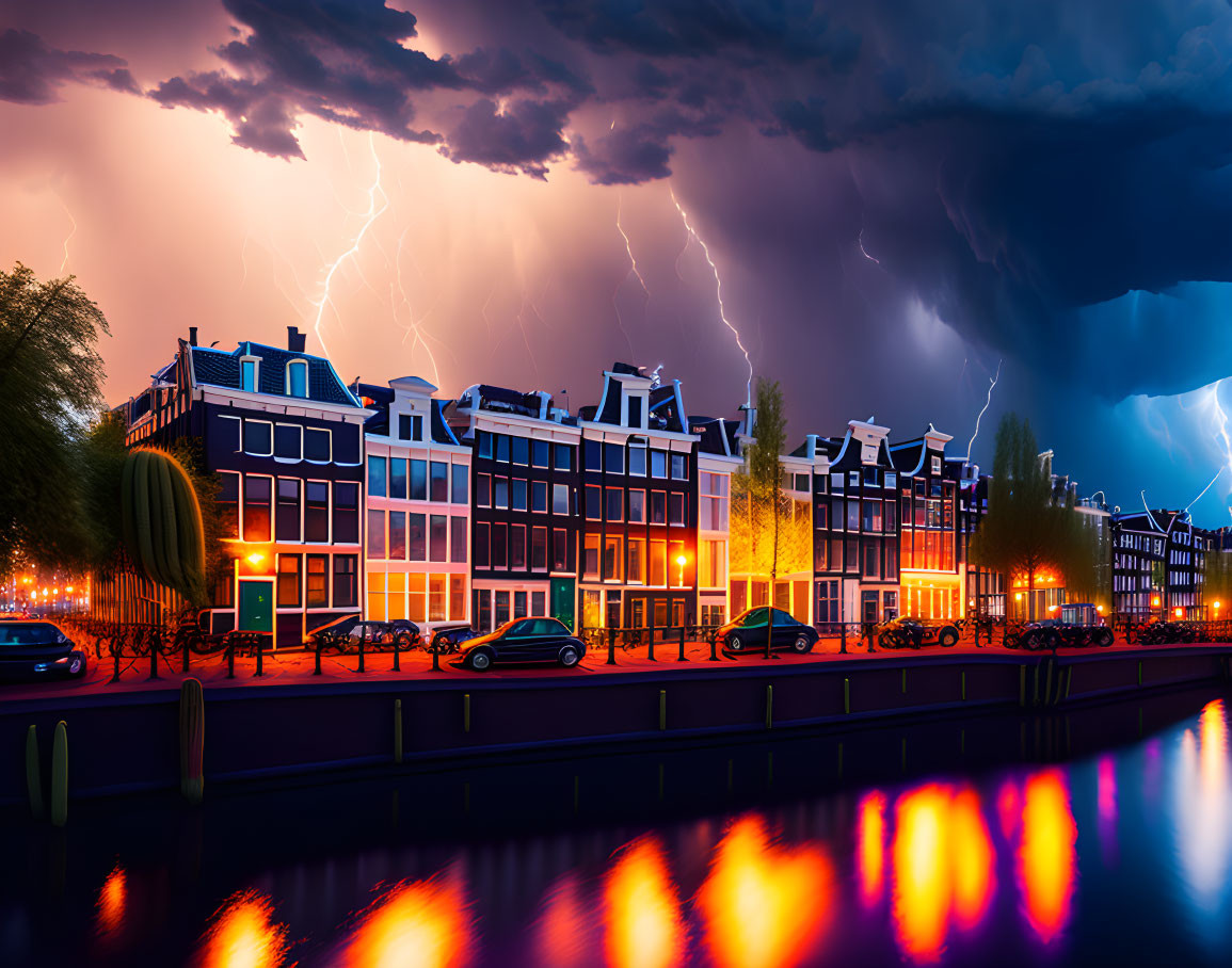 Traditional canal and row houses in Amsterdam during intense lightning storm