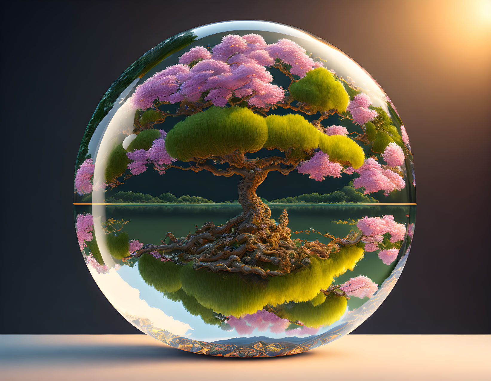 Glass sphere encapsulating vibrant bonsai tree mirrored against dusk sky