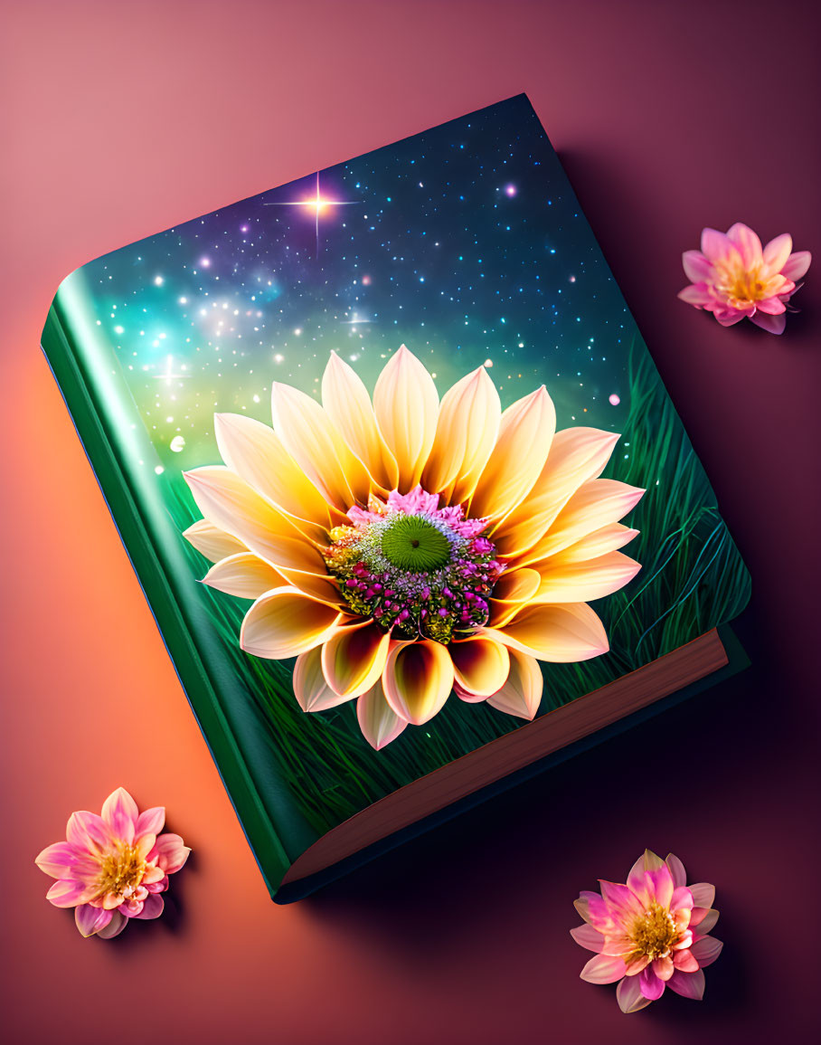 Colorful Book Cover: Large Yellow Flower on Starry Sky Background