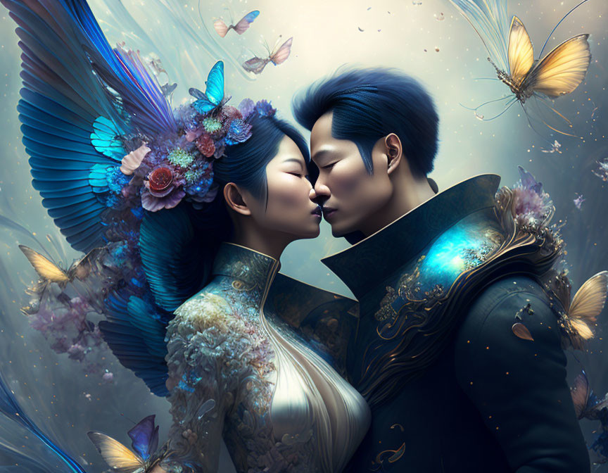 Ethereal characters kiss amid butterflies and intricate details