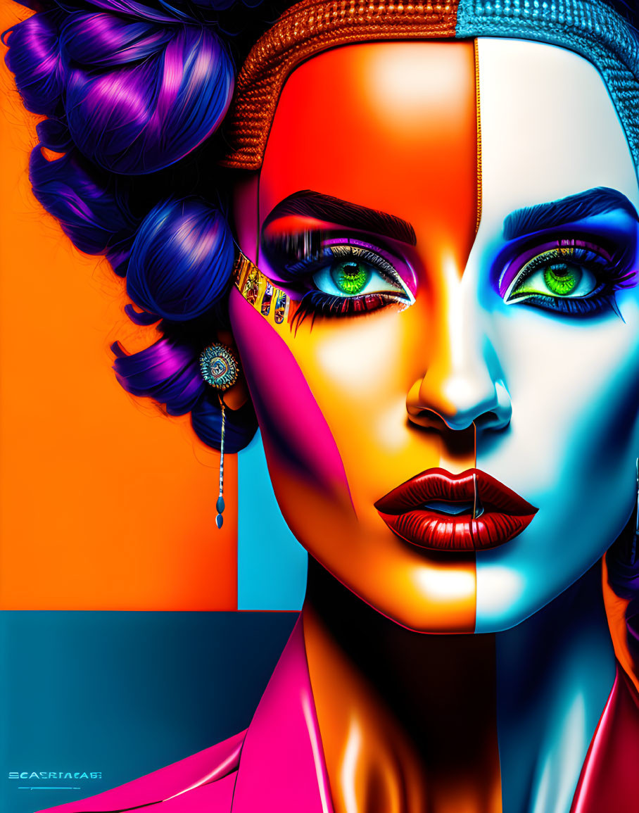 Colorful digital portrait of woman with multicolored makeup and blue hair on vibrant background