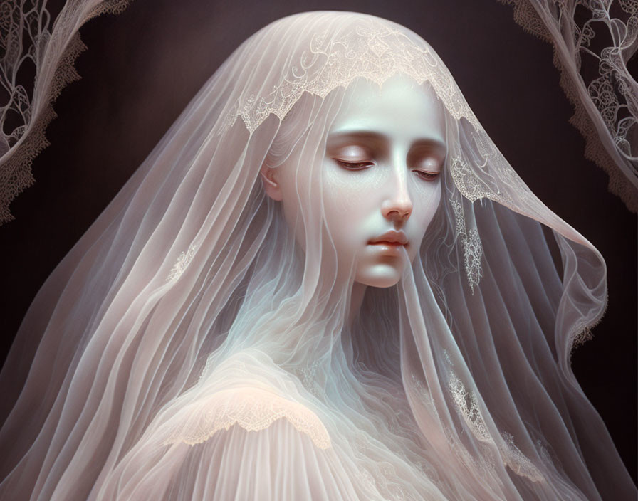 Ethereal woman in lace veil exudes serenity and beauty