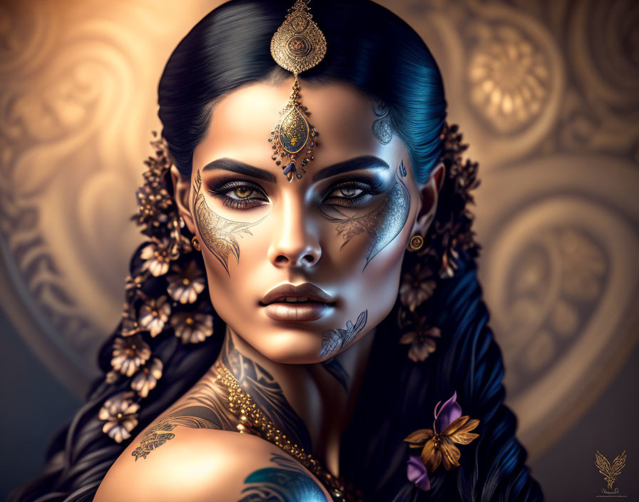 Digital artwork: Woman with gold jewelry, headpiece, tattoos, dark hair, flowers, warm background