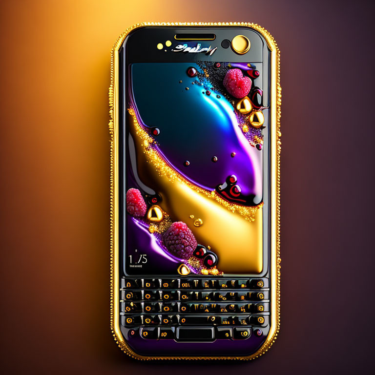 Gold Trim Luxury Smartphone with Full Keyboard & Colorful Abstract Wallpaper