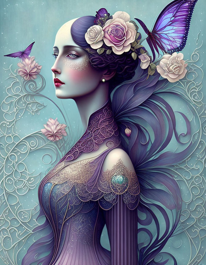 Illustrated female figure in purple hues with floral adornment and butterfly wing.