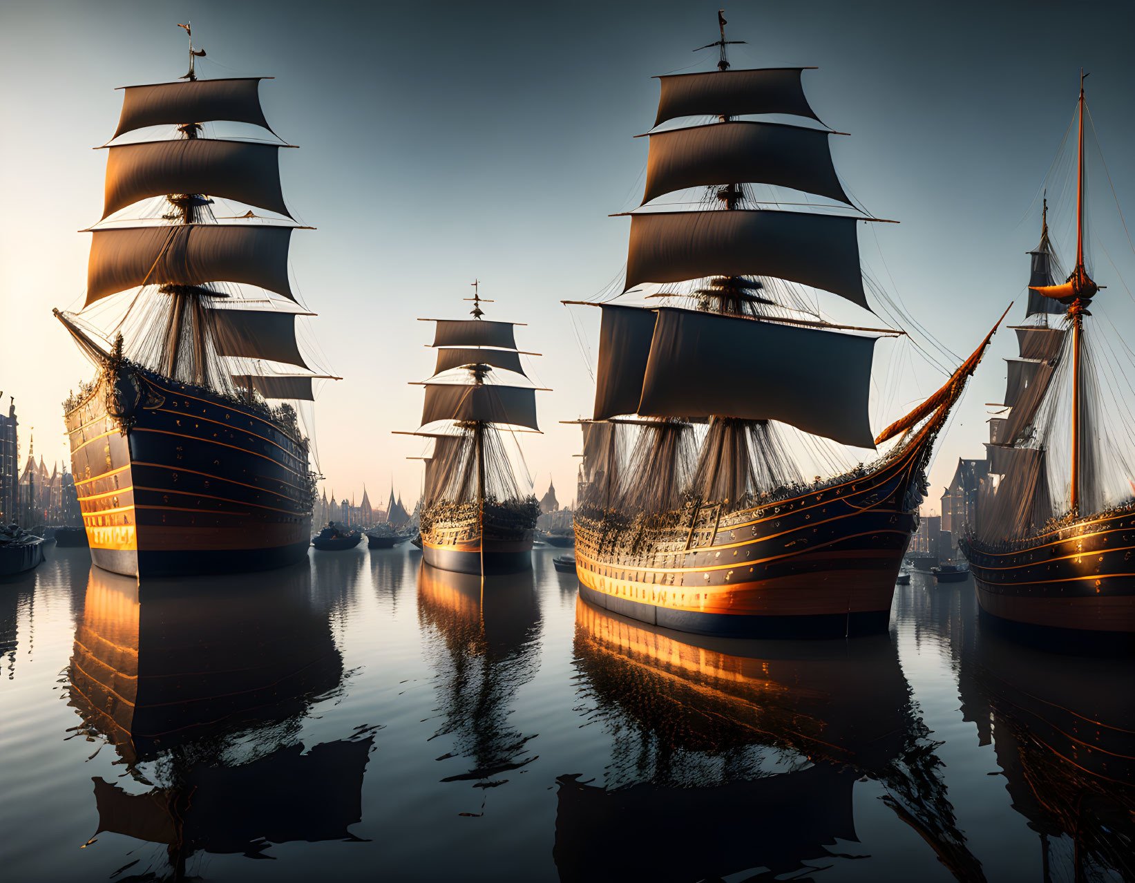 Sailing ships with unfurled sails on calm waters at sunrise or sunset against city skyline