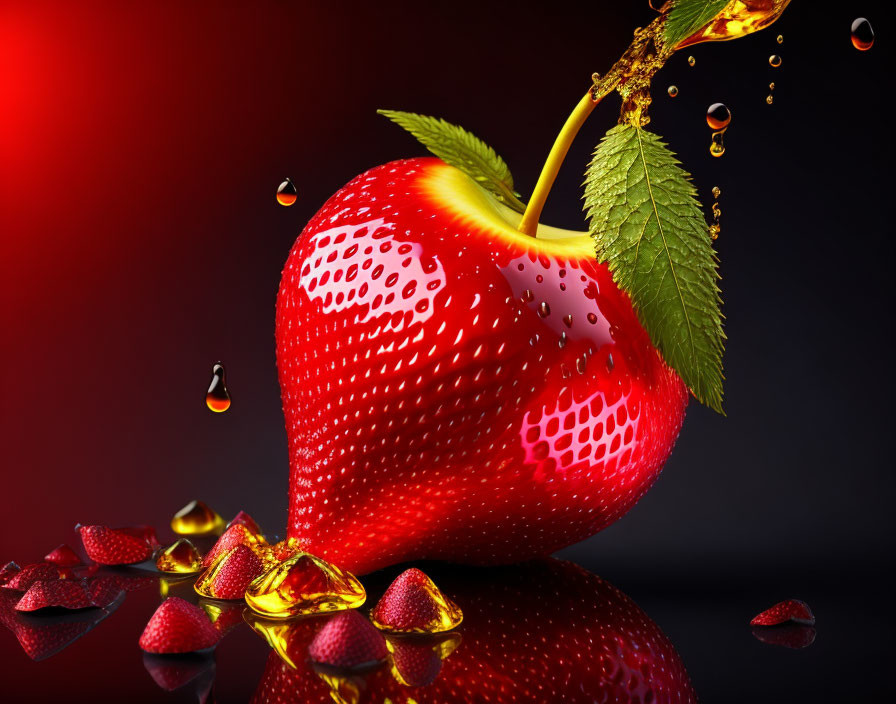 Digital image: Strawberry fused with apple, honey dripping on red & black gradient.