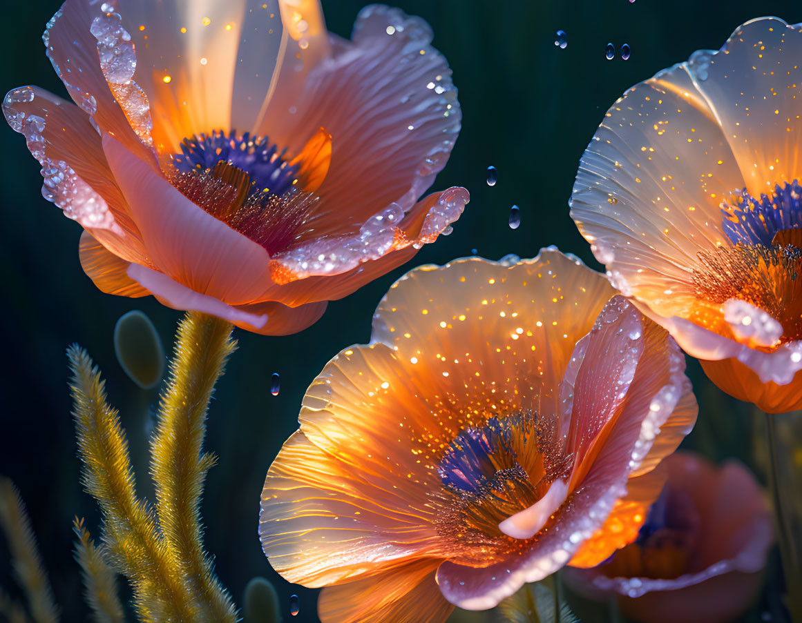 Dew-kissed amber poppies on soft green background with sparkling water droplets