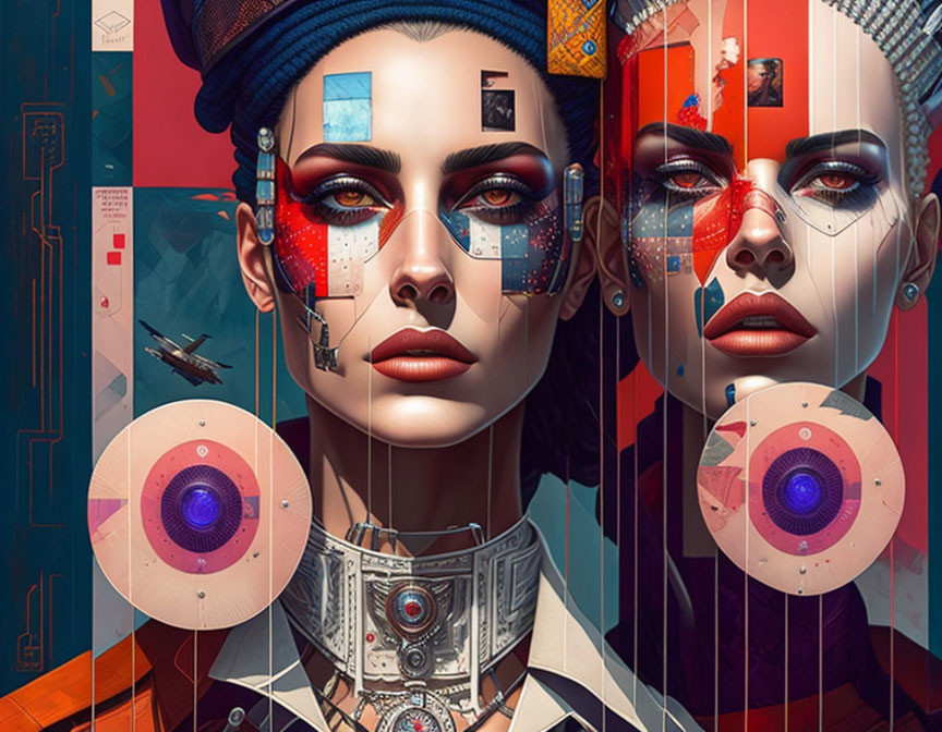 Split-faced woman with human and cybernetic features in digital artwork