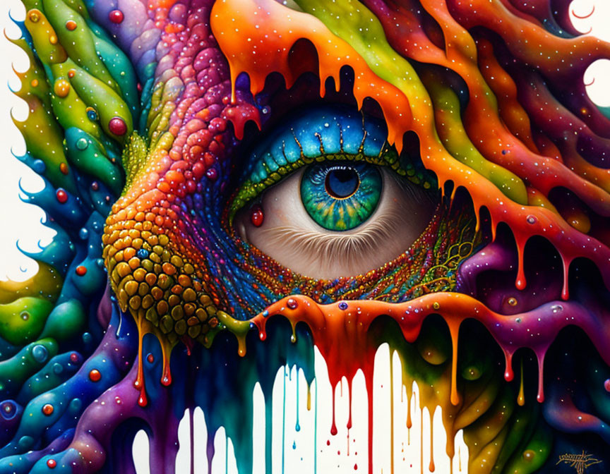 Detailed Blue Eye Surrounded by Abstract, Colorful Patterns